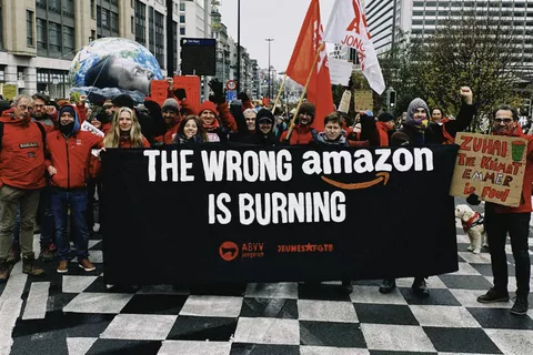 mensen op een klimaatmars voor een spandoek met de boodschap 'the wrong amazon is burning'